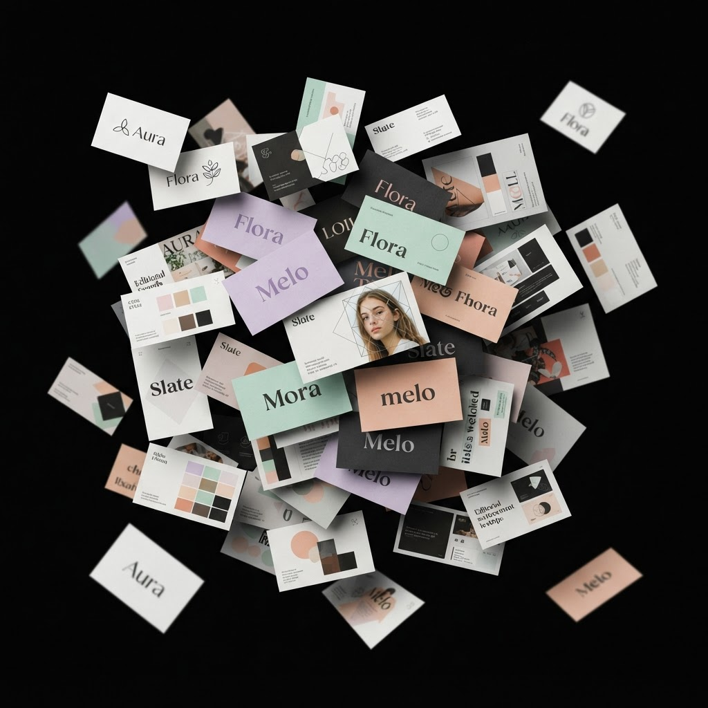 Collage of brand identity mockups, logos and color studies